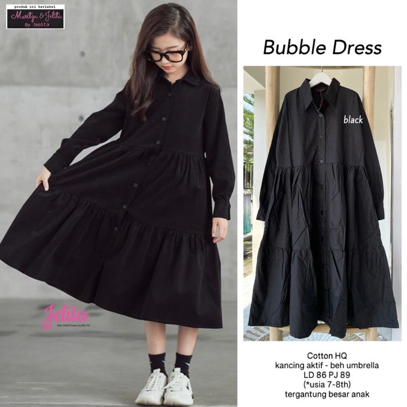 Midi Dress Anak Bubble Midi Dress - MIDI ANAK HITAM BAHAN KATUN LD 86 USIA 7-8 TAHUN