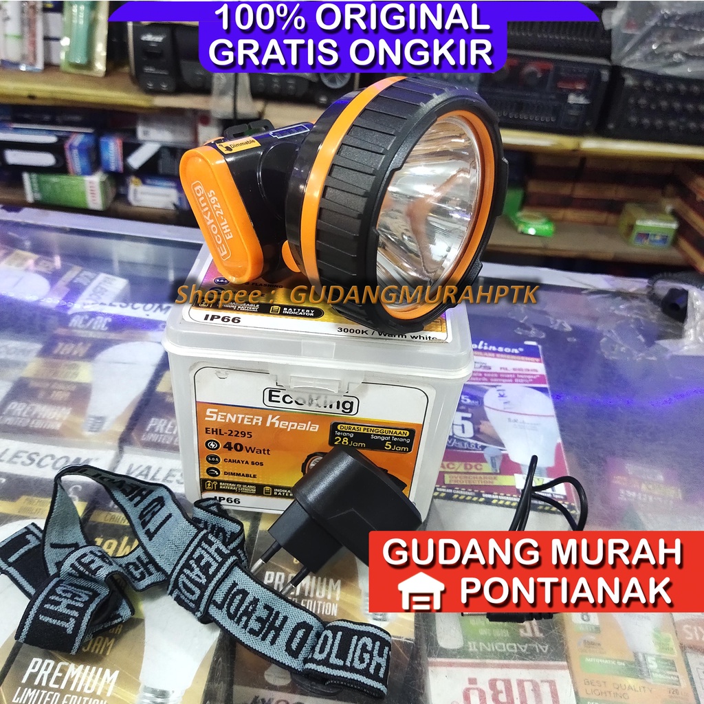 Senter Kepala 40watt ECOKING JUMBO dengan Indikator Baterai di body Headlamp head lamp lampu senter kepala 2295