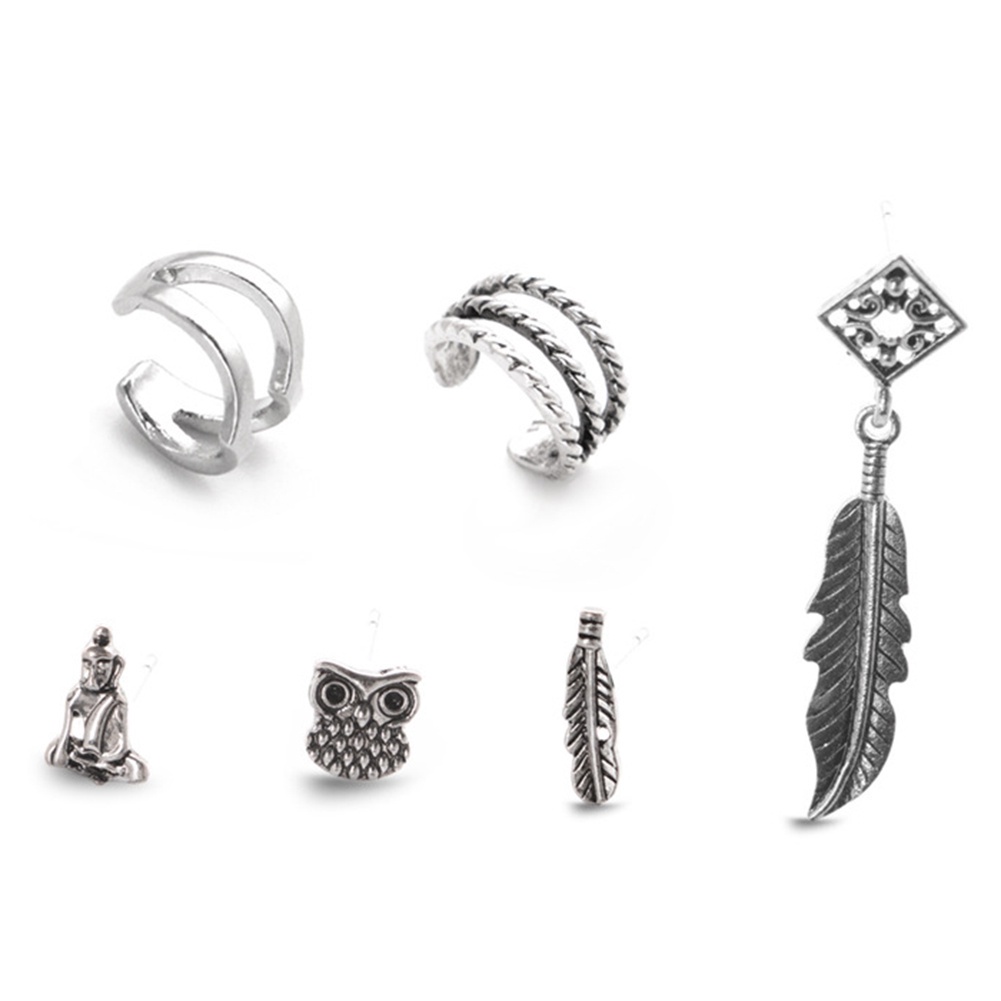 6 Pcs / Set Anting Stud Tulang Rawan Telinga Bentuk Bulu Burung Hantu Buddha Gaya Boho