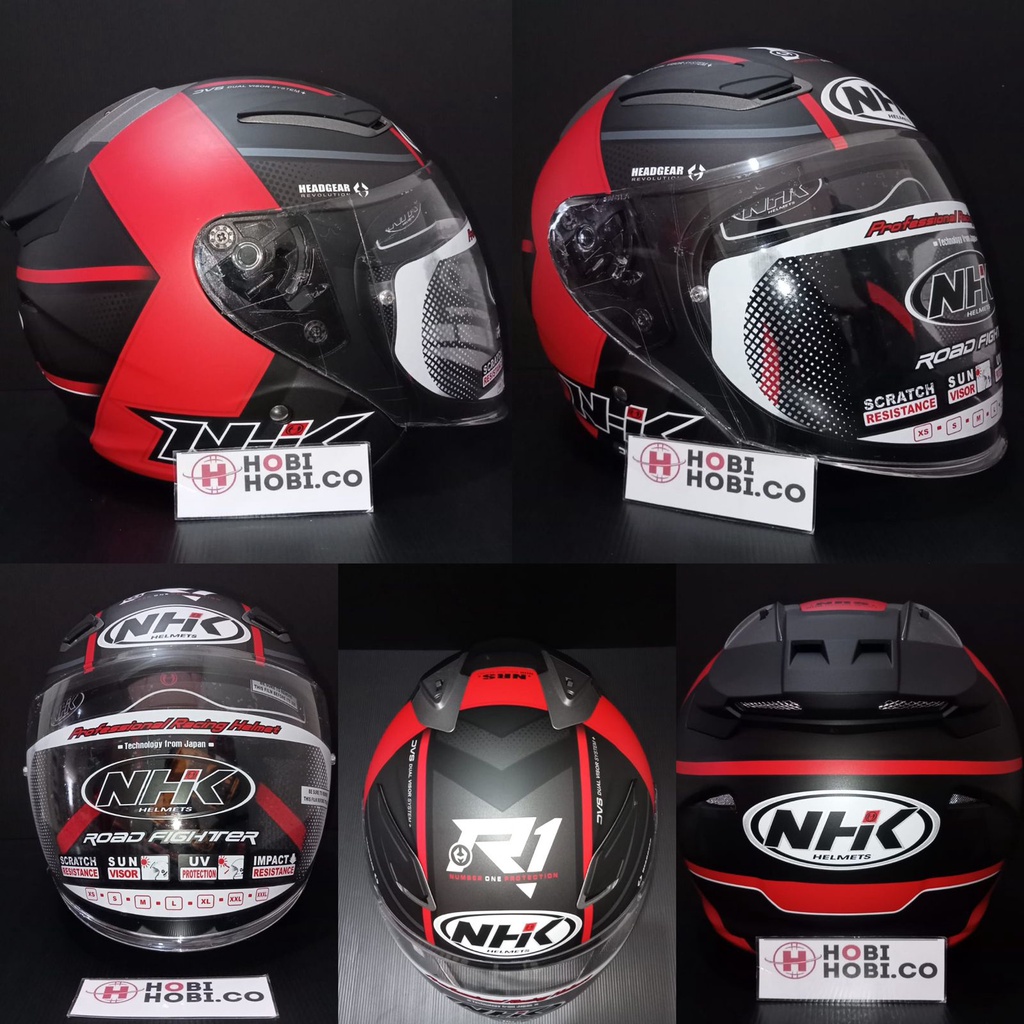HELM NHK R1 MOTIF NAPOLEON BLACK RED DOFF DOUBLE VISOR HALF FACE MERAH