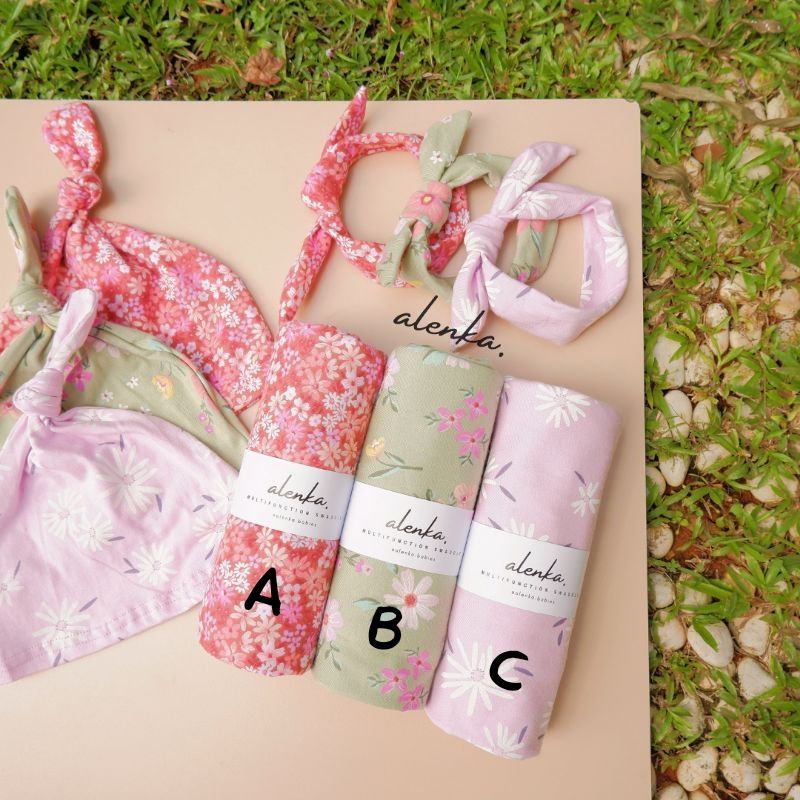 BEDONG/SWADDLE ALENKA SATUAN/ SET BANDANA & TOPI BAYI/ BEDONG ALENKA/ BEDONG MOTIF