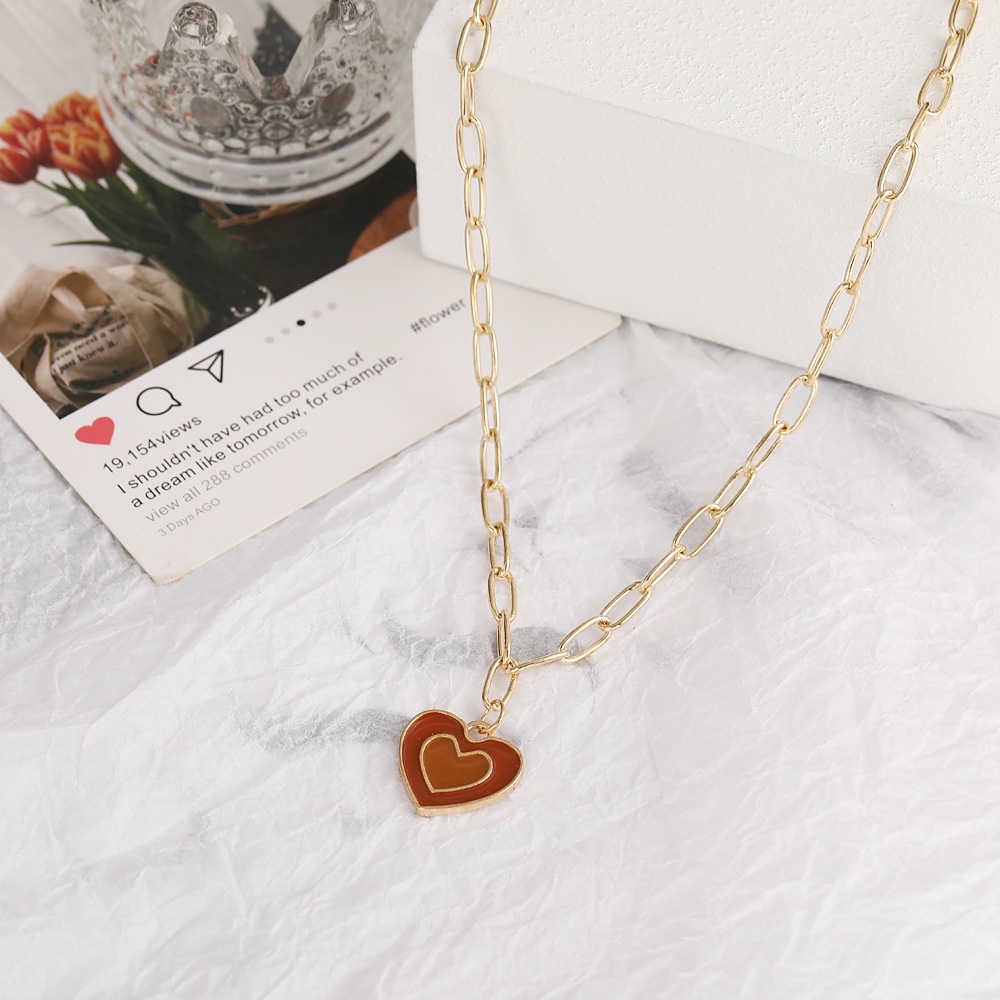 Y2K Girl Wind Dripping Color Glaze Double Heart Necklace for Women Fashion Pendant Necklace