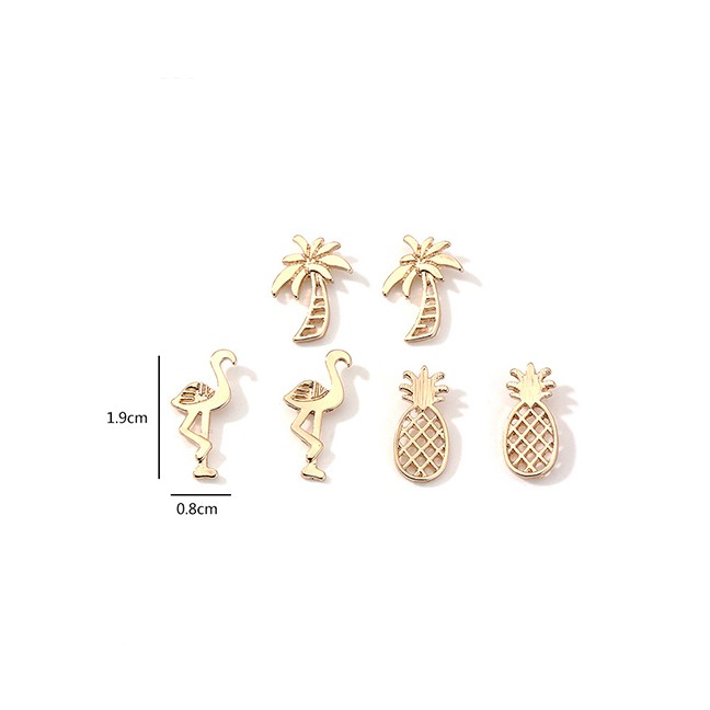 LRC Anting Set Fashion Golden Alloy Flamingo Pineapple Earrings 3 Pairs D91980