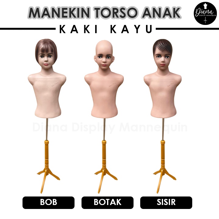 PATUNG MANEKIN BAJU TORSO ANAK SETENGAH BADAN DENGAN KEPALA SET KAKI KAYU KAKI BESI