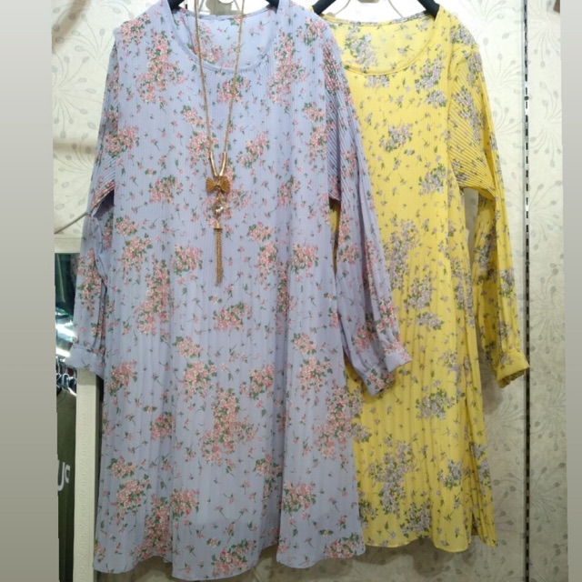 Tunik Bunga Bahan Plisket Model Terlaris