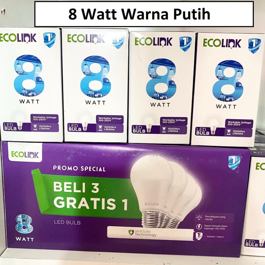 PROMO BELI 3 GRATIS 1 Lampu Bohlam LED Bulb 8 Watt 8Watt 8W 8 W Putih ECOLINK