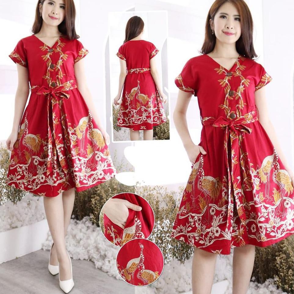 ☊ Dress Batik Modern V Neck / Dress Batik Modern Model Ikat Tali Pinggang / Dress Batik Merah Imlek
