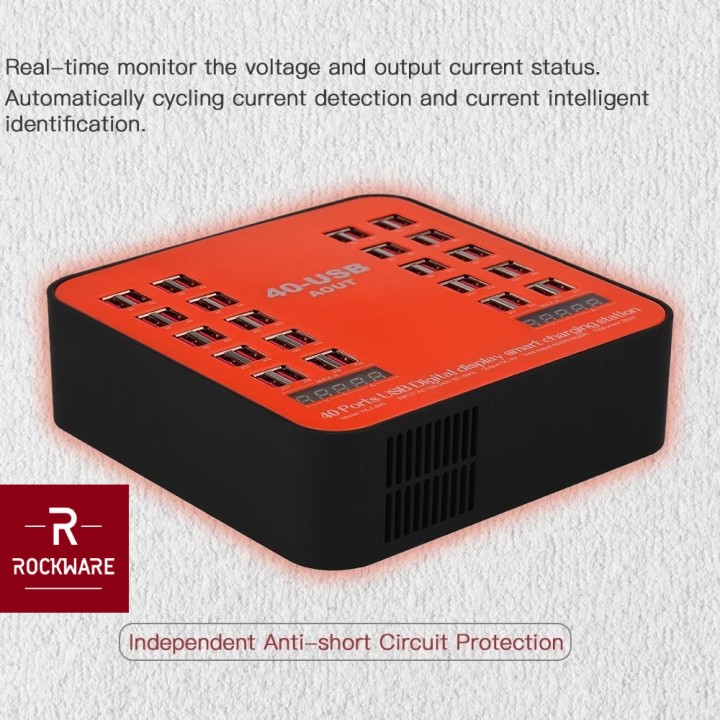 ROCKWARE WLX-840 - USB Wall Smart Charging Station 40 Port 200W 30A