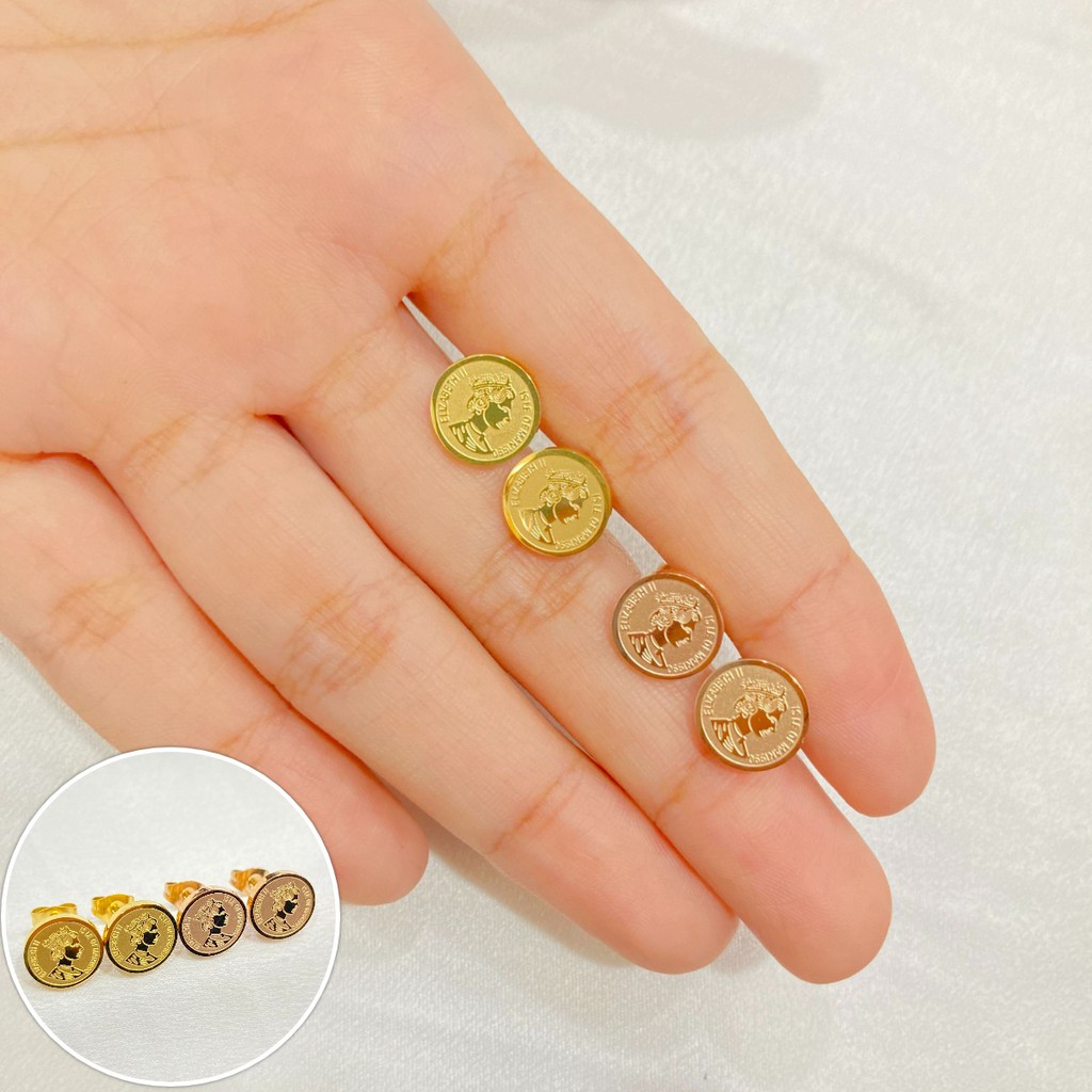 Anting Tusuk Wanita Motif Coin Titanium Anti Karat Aksesoris Fashion Korean Style Vintage