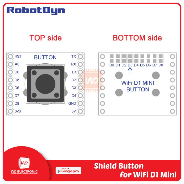 ROBOTDYN SHIELD BUTTON FOR WIFI D1 MINI LIKE WEMOS D1 MINI SHIELD BUTTON