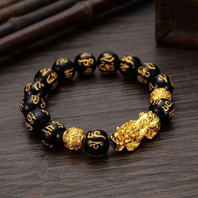 Gelang Natural Obsidian Black Resin Fengshui Charm Pixiu Naga Emas