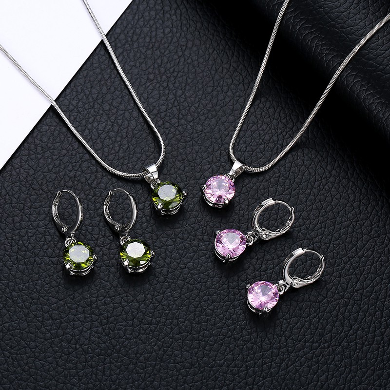 Kalung Fashion perhiasan temperamen anting kalung, Dua potong bulat multicolor zirkon liontin set