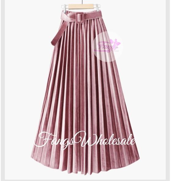 ♛ FW R180A3 Rok Plisket Velvet Bludru Belt Panjang IMPORT PREMIUM | ✥