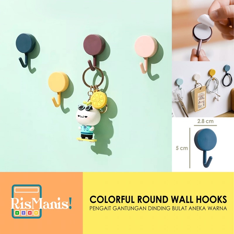 COLORFUL ROUND WALL HOOKS Hanger Pengait Gantungan Tembok Tempel Dinding Cantolan Bulat Aneka Warna