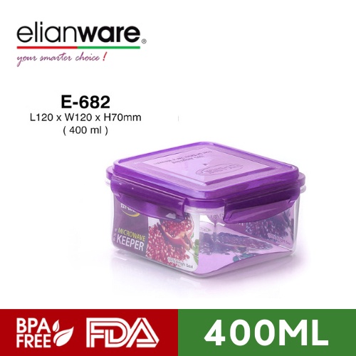 Elianware Ezy-Lock Airtight Square [400ml] Microwavable Food Containers, Tempat Penyimpanan Makanan E-682