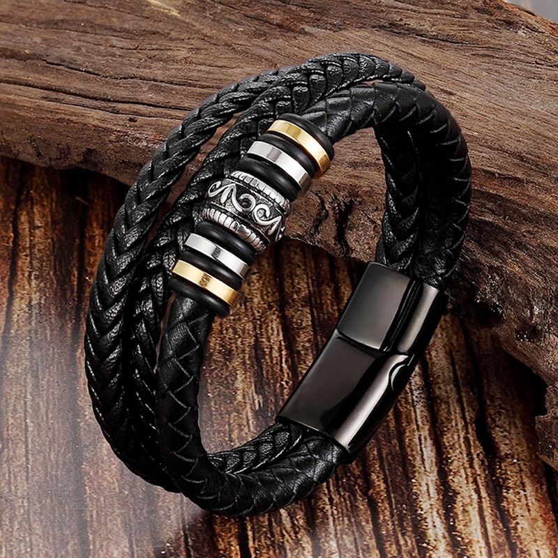 Gelang Multilayer Bahan Kulit Dengan Buckle Magnetik Gaya Punk Etnik Untuk Pria