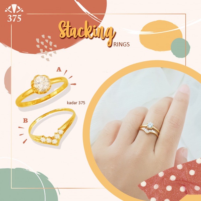 Cincin stacking rings tumpuk 2 cincin desi dan v emas asli kadar 375