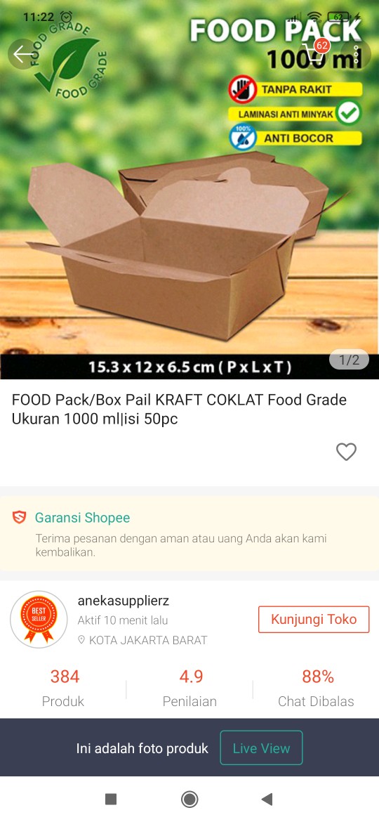 Food Pack/box Pail Kraft Coklat Food Grade Ukuran 1000 Ml|isi 50pc