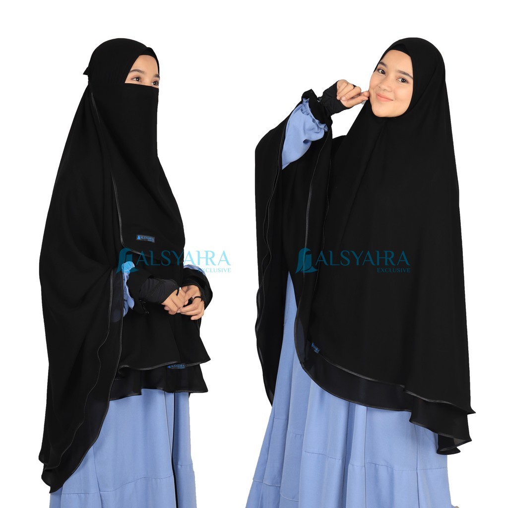 Set Khimar Butterfly 2 Layer Bisban Hitam Sifon Jetblack Alsyahra Exclusive