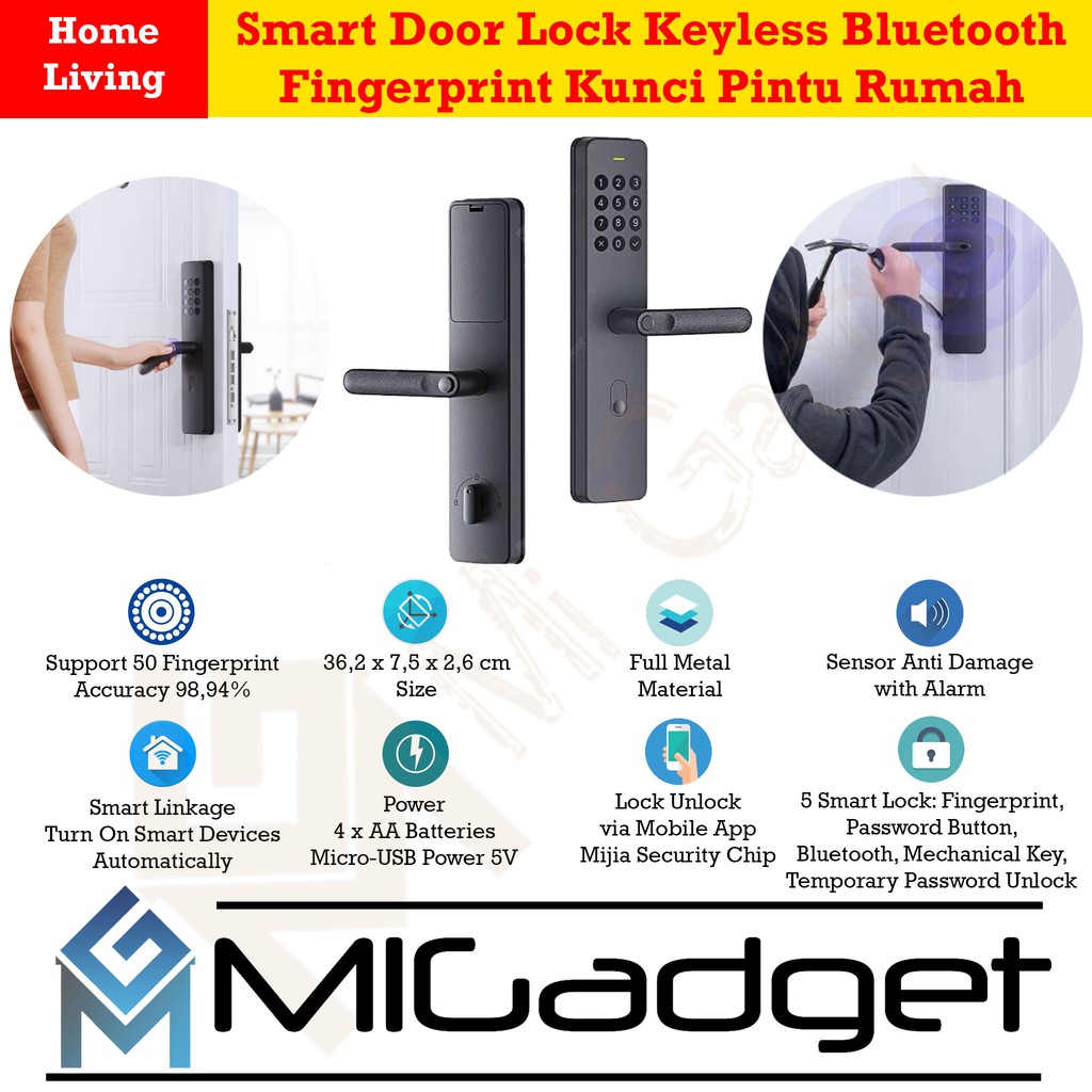 Smart Door Lock Keyless Bluetooth Fingerprint Kunci Pintu Rumah