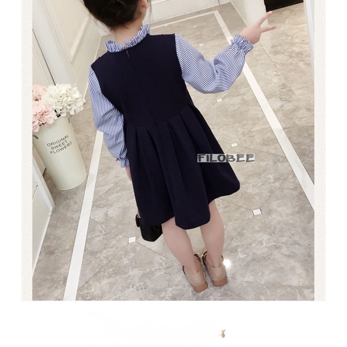 FILOBEE DRESS ANAK PEREMPUAN/DRESS KOMBINASI SALUR/PITA RENDA/NAVY SALUR