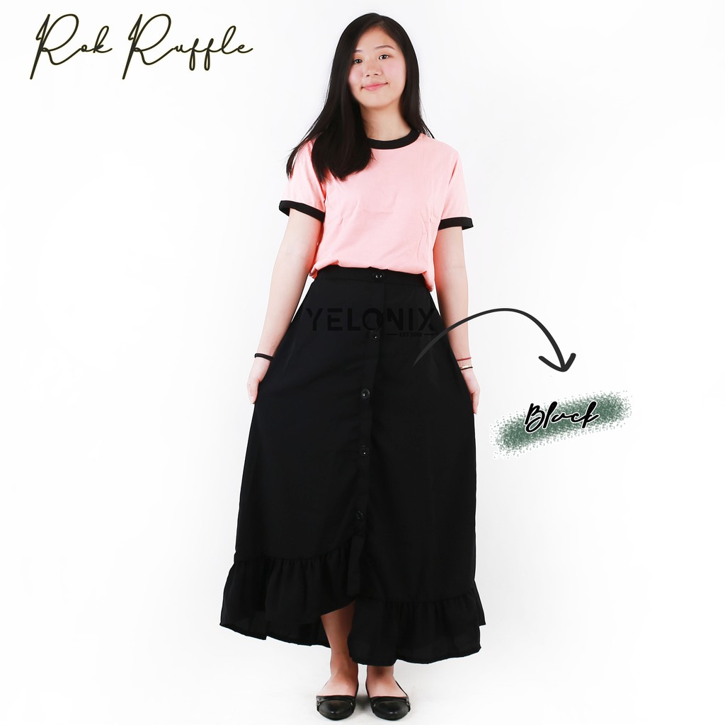 YELONIX - Rok Ruffle Rample Korea Rok Kancing Button Skrit Pinggang Karet