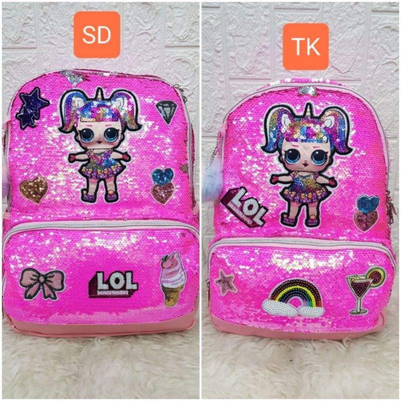 Tas Sekolah Anak Sequin Motif Gambar Frozen LOL Unicorn Ransel Sekolah Anak SD dan TK Sequin Usap Backpack Anak Perempuan dan Laki - Laki