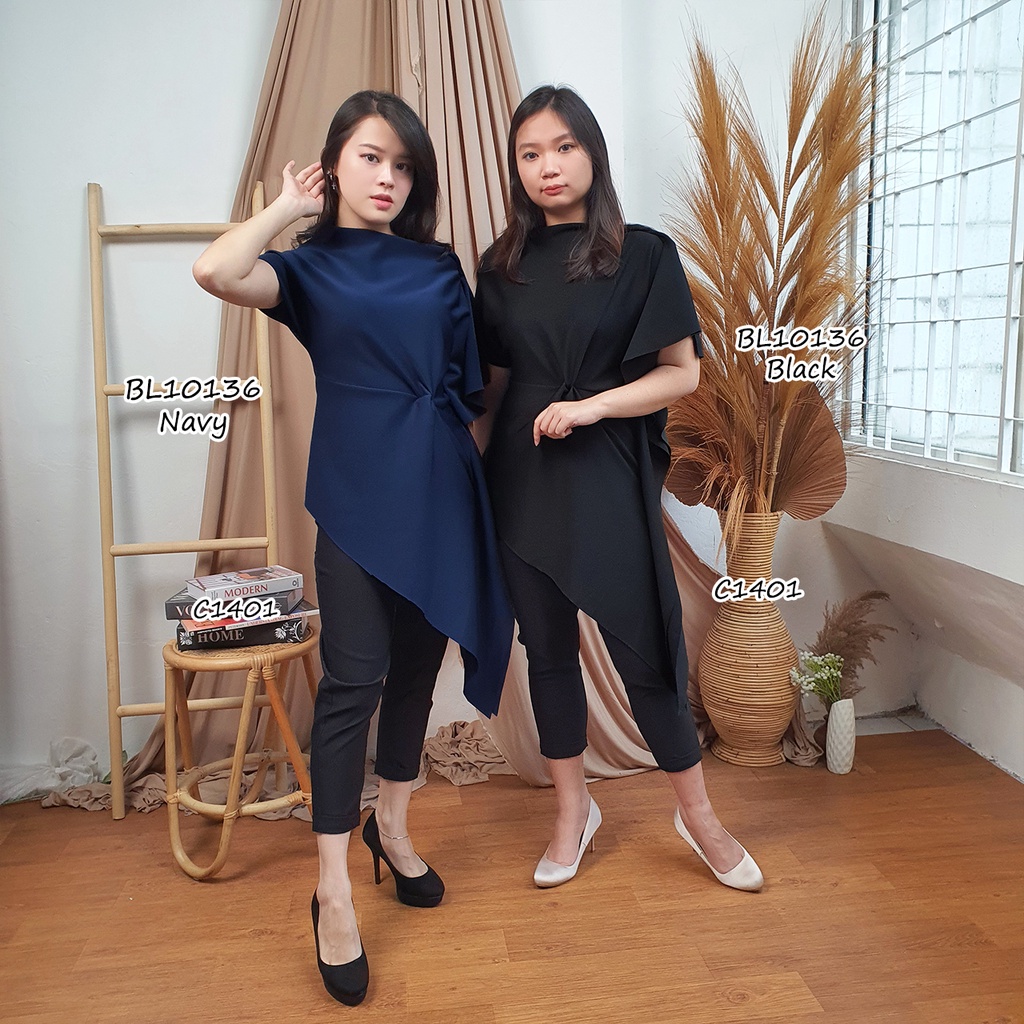 BL10136 blouse wanita scuba lengan pendek astymetric polos 10136-5