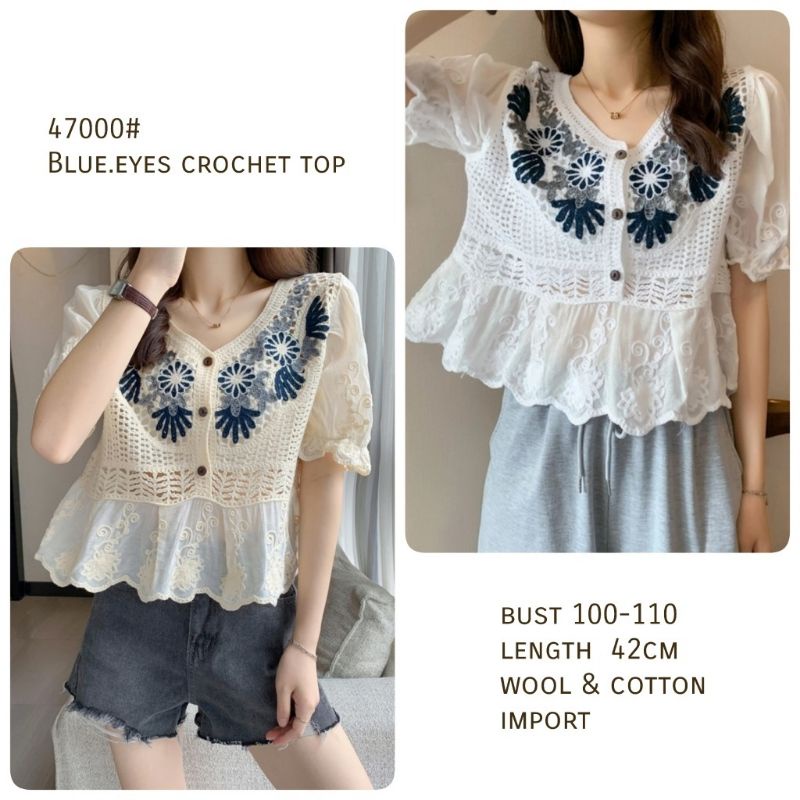 MDLV 47000 BLUE EYES CROCHET TOP KOREA TERBARU ATASAN WANITA BAJU KOREA BLOUSE KOREA FASHION IMPORT