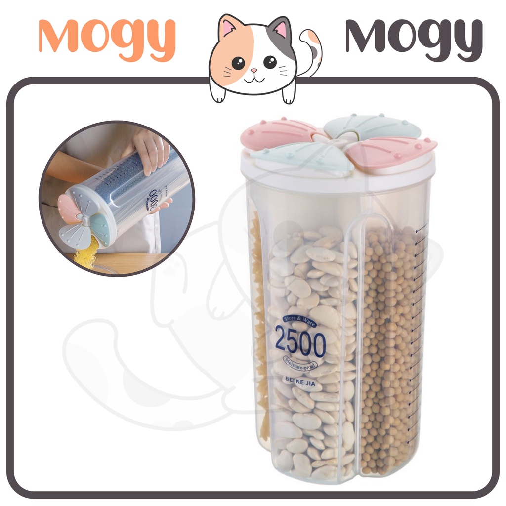 MOGYMOGY HL0225 Toples Plastik Transparan 4 Slot Empat Sekat 2000mL Tempat Penyimpanan Makanan Kering Dapur