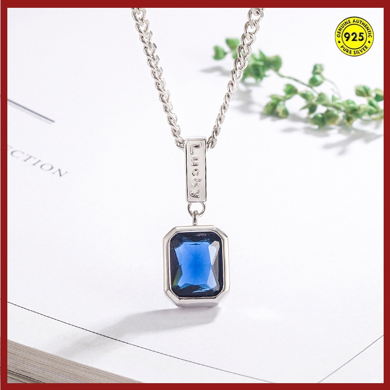 Kalung Rantai Sterling Silver 925 Dengan Liontin Kubik Zirconia Biru Untuk Wanita