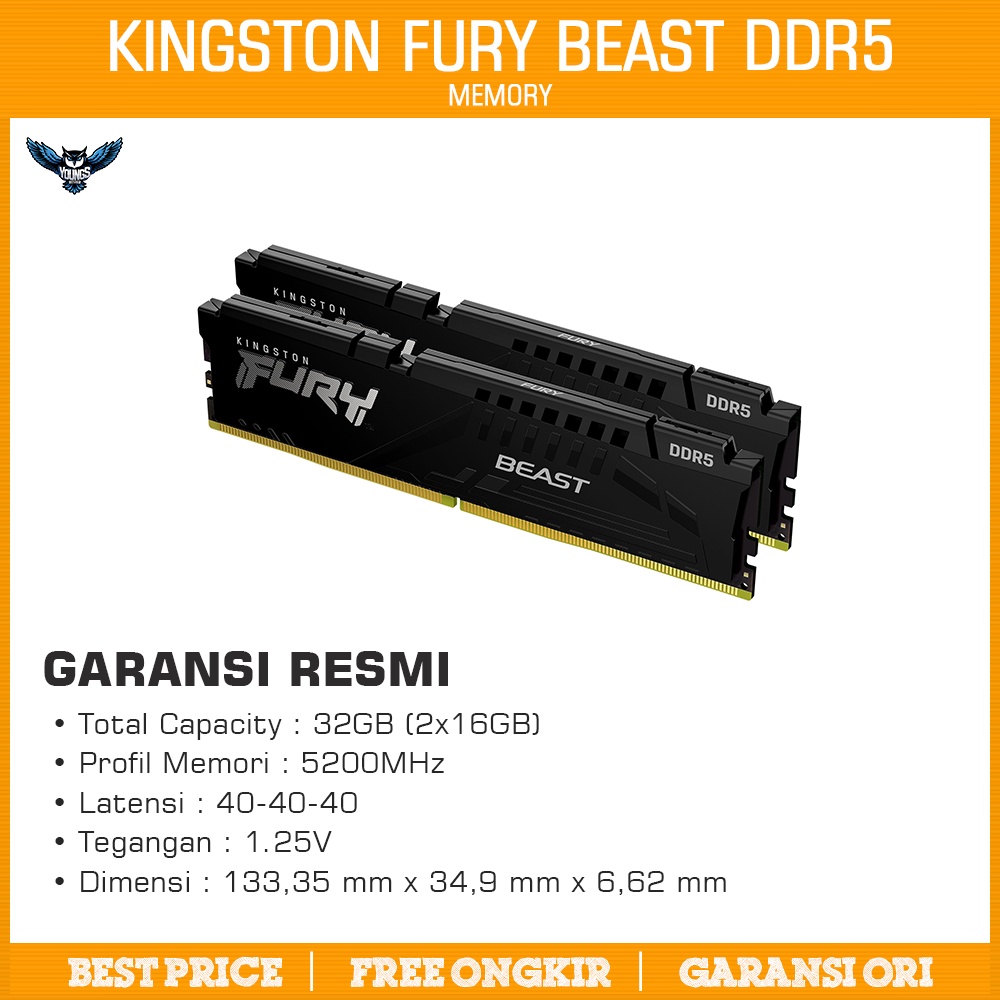 RAM DDR5 KINGSTON FURY BEAST 32GB KIT 5200 (2x16GB) black pc 5200mhz