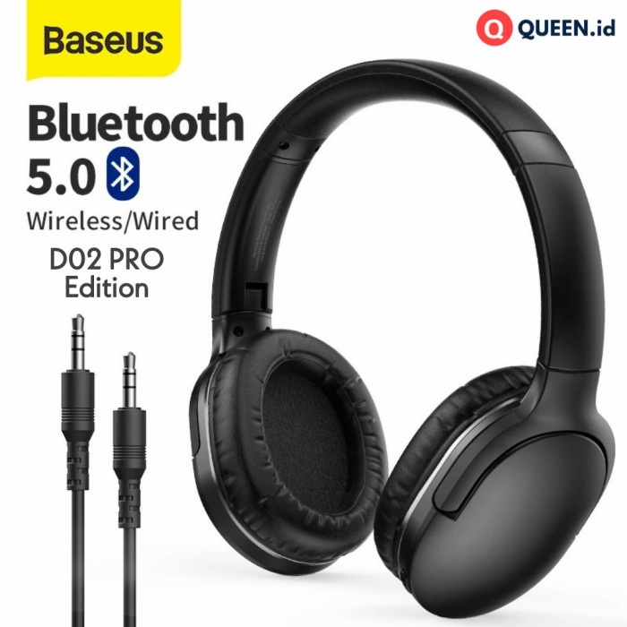 Baseus D02 Pro Headset Wireless Bluetooth - Wired Aux Stereo Headphone - Hitam