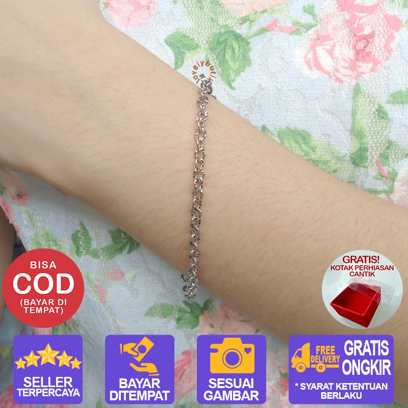 Lovelybutik  Gelang Titanium Asli  Anti Luntur Wanita  Polos Rantai Nori Donat BONUS KOTAK PERHIASAN