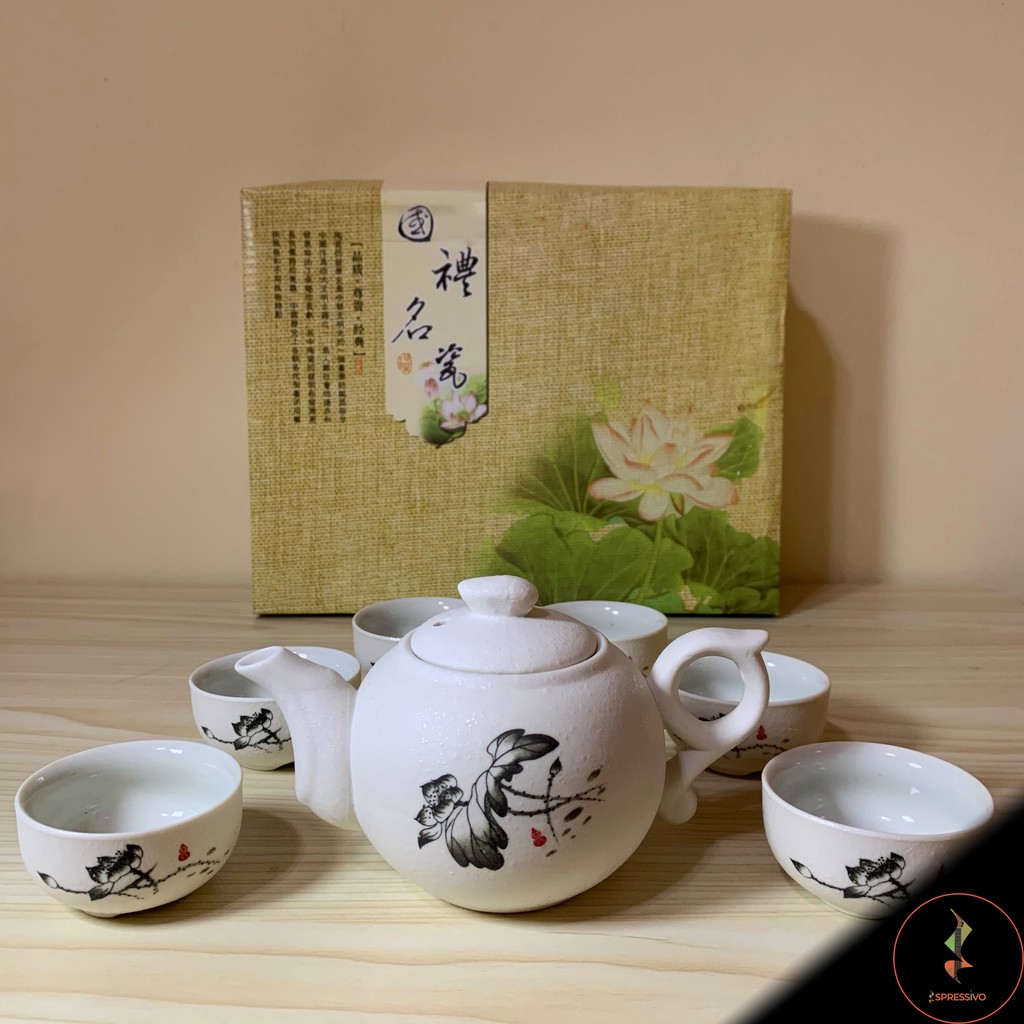 Teko + 6 cangkir teh keramik gelas putih chinese tea set [702]