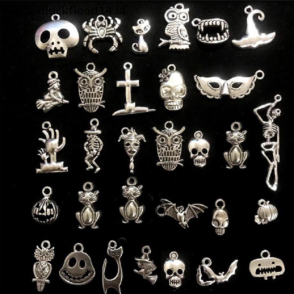 [OOID] 50Pcs Mixed Halloween Bat Skeleton Silver Charms Pendants DIY Jewelry Making ID