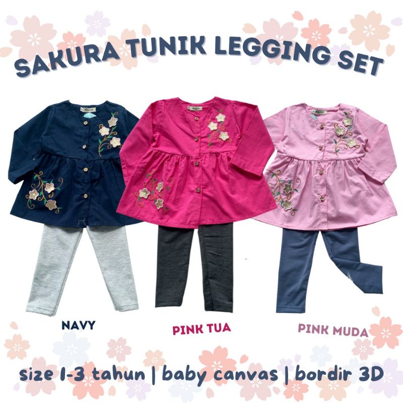 Setelan Tunik Muslim Anak Bayi Perempuan Usia 1-3 tahun Motif Sakura/ Fashion Baju Muslim Tunik Anak