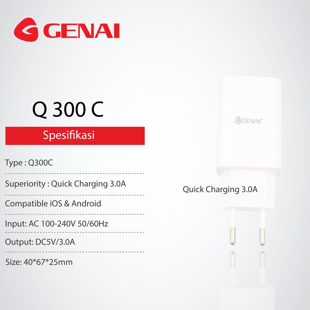 Genai Q300C Kepala Charger 18W Universal Android iPhone Batok Casan HP Tanpa Kabel Travel Adapter