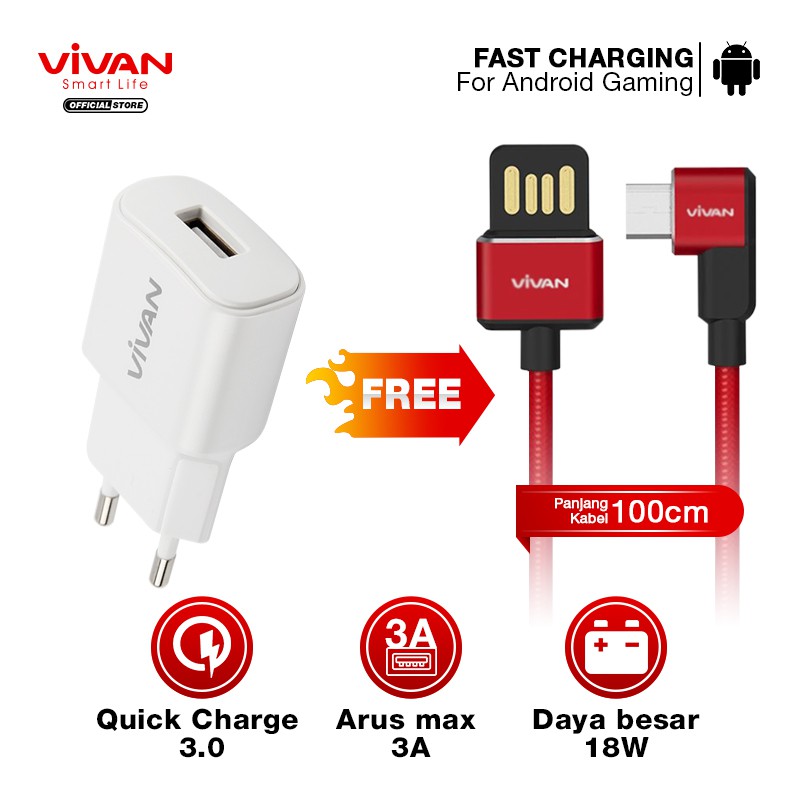 Charger Fast Charging VIVAN Casan USB Original (Power Oval 3.0) Free Kabel USB Micro/iPhone/Type C