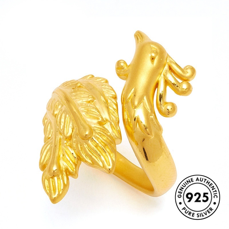 Cincin Model Terbuka Desain Phoenix Lapis Emas Bahan S925 Silver