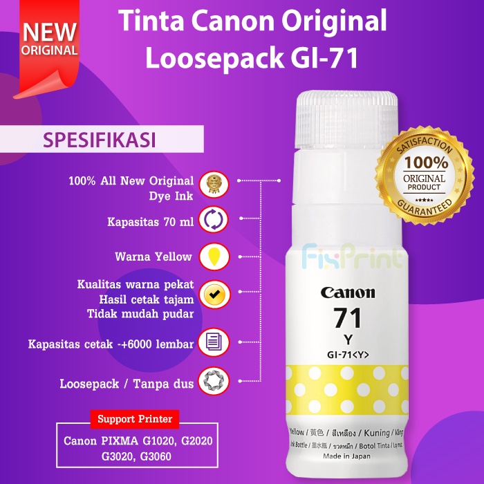 Tinta Loospack Refill Canon GI-71 GI71 GI 71 Printer PIXMA G1020 G2020 G3020 No Box Original Canon