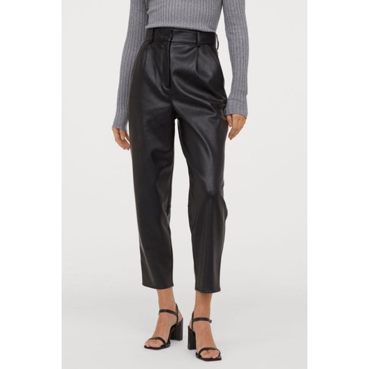 Celana Kulit PU wanita hitam high waist pants begi