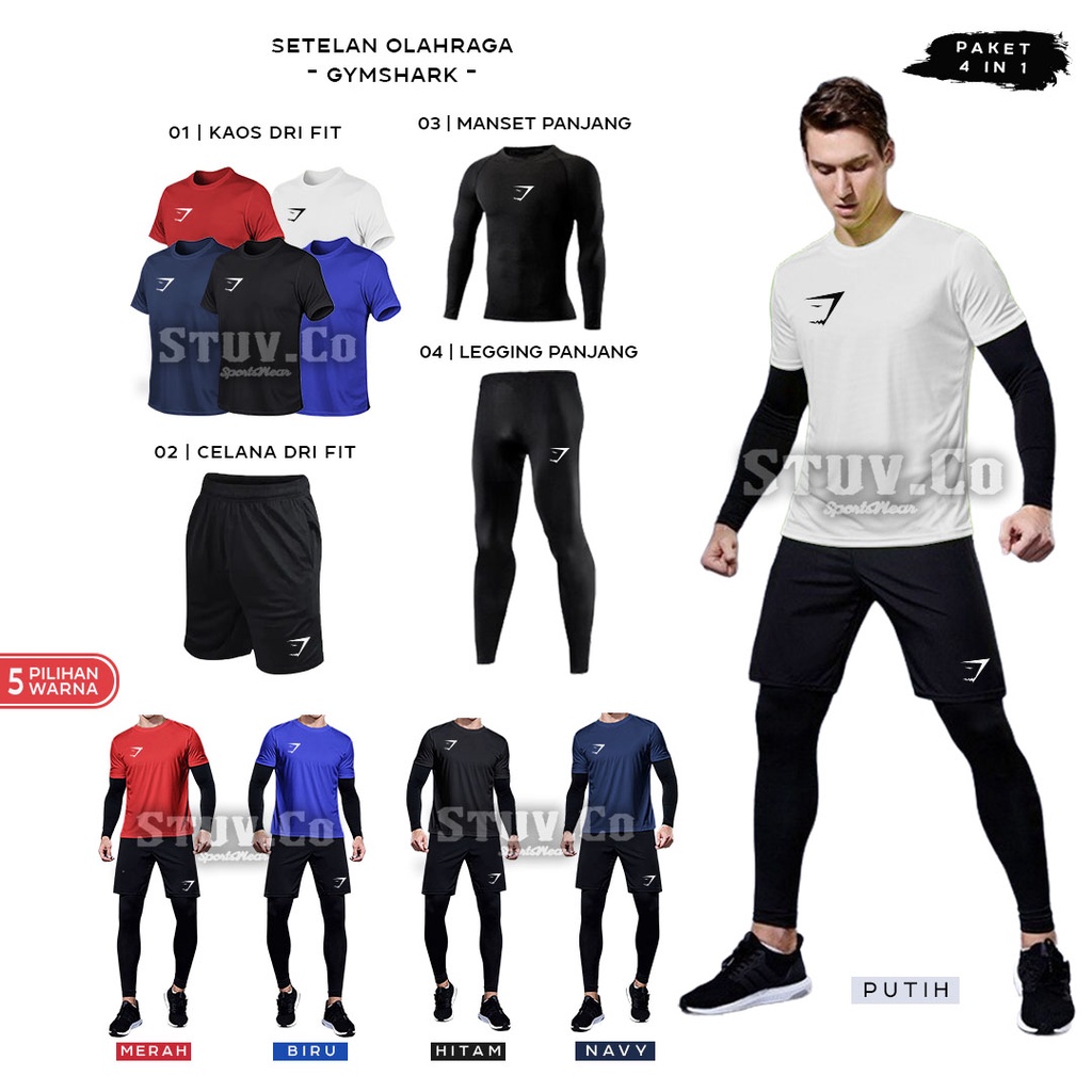 PAKET 4IN1 STELAN OLAHRAGA KAOS DRIFIT BASELAYER THUMBHOLE JARI LEGGING PANJANG DAN CELANA FUTSAL UNISEX 5 PILIHAN WARNA