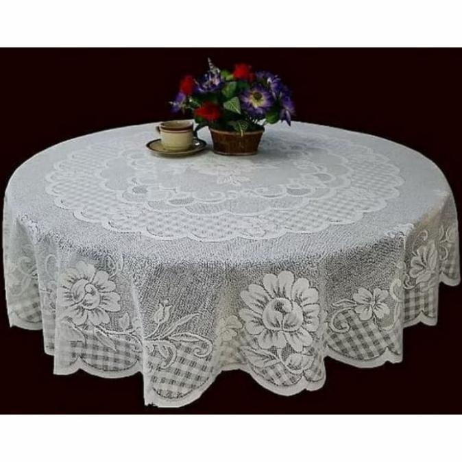 *#*#*#] Taplak Meja Bulat Bundar Kain Brokat Putih Polos Vintage Jadul Klasik