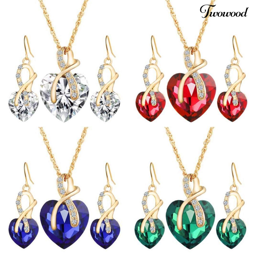 1 Set Kalung Anting Liontin Hati Kristal Tiruan Tahan Lama Untuk Perhiasan Pernikahan Wanita