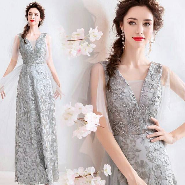 Gaun Pengantin Perak Abu Abu Romantis Slim Fit