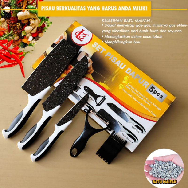 Set Pisau Dapur 5 in 1 Hitam Batu Maifan / Pisau Set 5pcs Kualitas Import Terbaik / Bisa Bayar Di Tempat