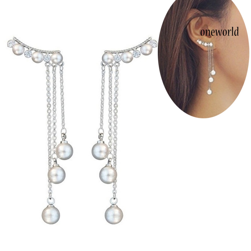 OW# Women Faux Pearls Inlaid Chain Tassel Dangle Ear Jackets Earrings Jewelry Gift