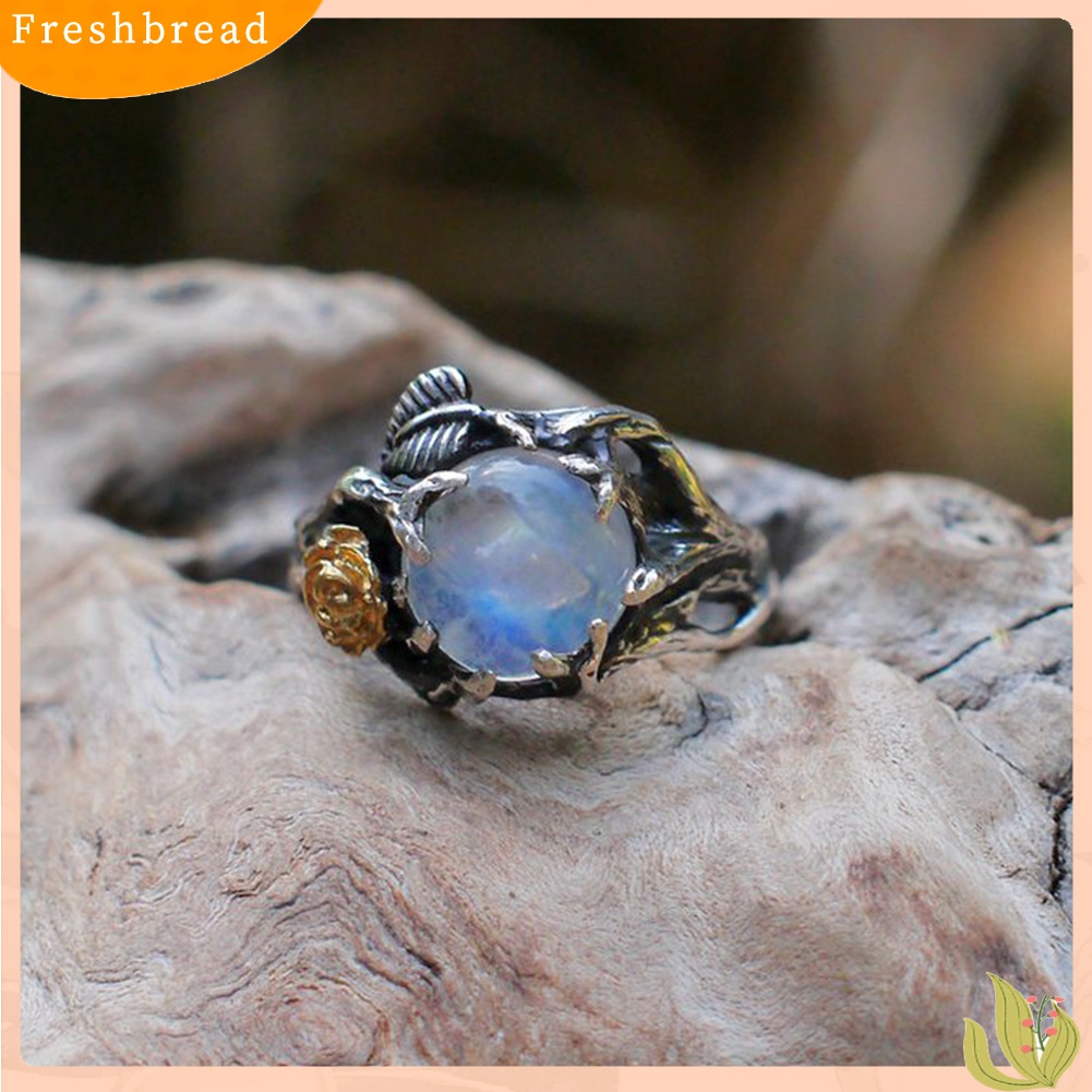 Fresh| Cincin Wanita Desain Bunga Mawardaun Hias Moonstone Imitasi Bentuk Bulat Gaya Vintage Untuk Pesta