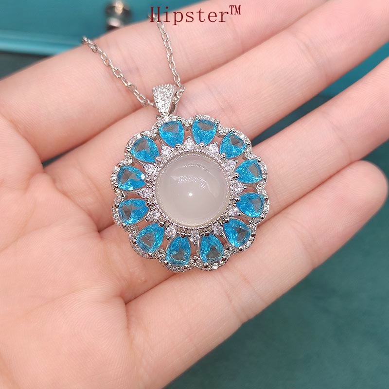 White Chalcedony Necklace Ring Sapphire Earrings Pendant Set for Women